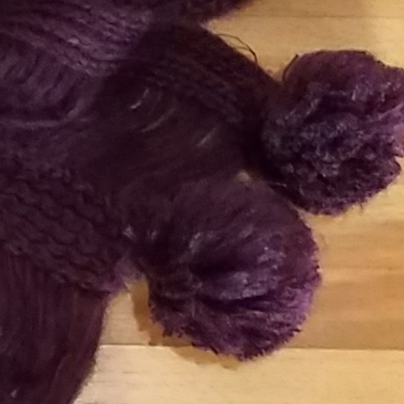 Dark Eggplant Purple Knit Scarf with Poms - Picture 3 of 6